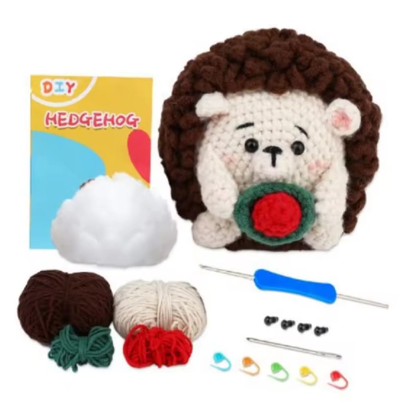 Cute crochet Hedgehog holding a rose crochet kit.