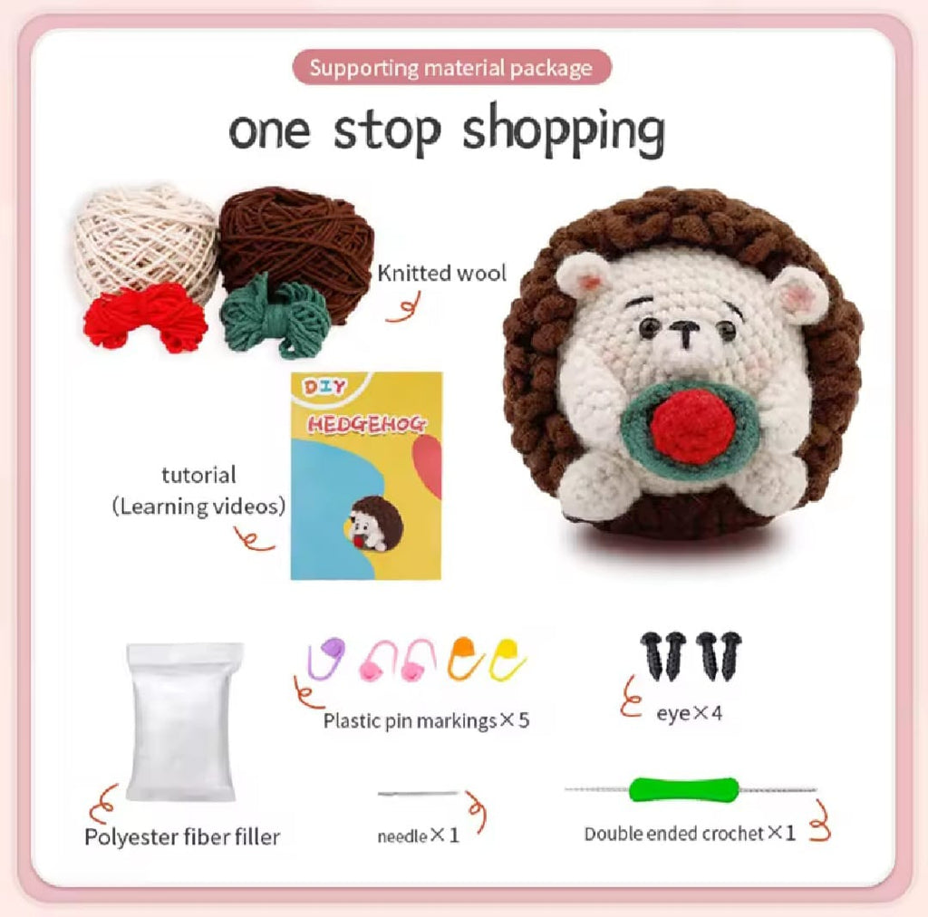 Materials in the hedgehog crochet kit includes: 4 colors of yarns, Step-by step video, four marking pins, 2 pairs of eyes, Polyester fiber wool, a needle and a double ended crochet hook.
