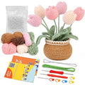 A pot of tulips crochet kit that comes with different color yarns, a step-by step video, crochet hooks, 5 safety pins and a darning needle. 