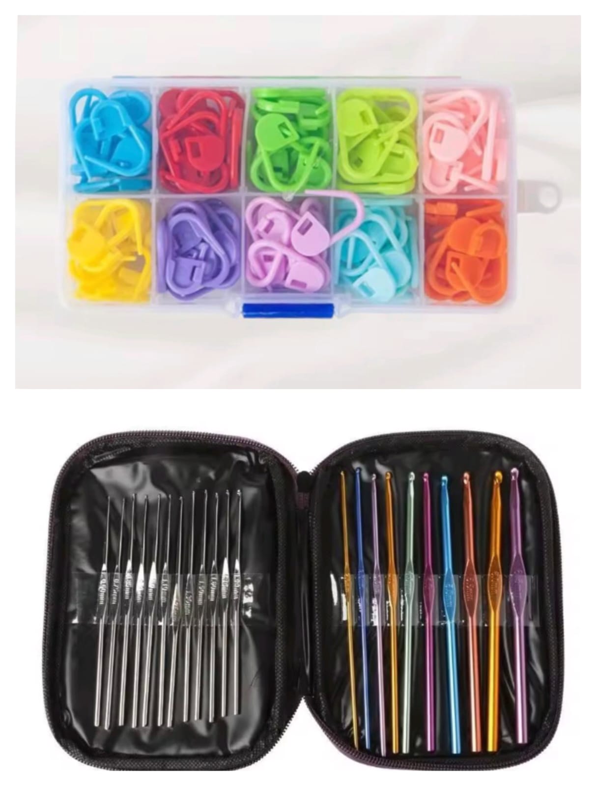 Crochet set with 22 different sizes hooks and 10 marker pins it comes in a pouch to keep your crochet hooks