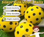 Yellow pickleball balls with black dots on a green surface, featuring text about ball properties which says good elasticity, very durable and flight stability and an illustration of a player.