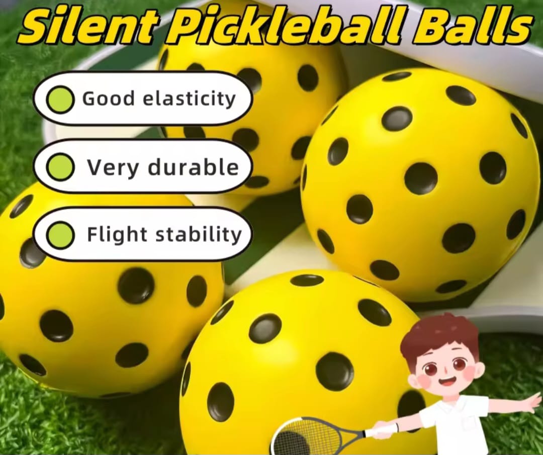 Yellow pickleball balls with black dots on a green surface, featuring text about ball properties which says good elasticity, very durable and flight stability and an illustration of a player.