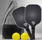 Pickleball paddles set of 2 consist of a bag, 2 outdoor balls, and 2 black paddles with white honeycomb design