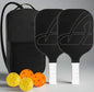 Pickleball paddles set of 2 - Comes with a bag and 4 balls ( 2 indoor, 2 outdoor) and 2 pickleball paddles that have a white handle and black board with an "A" Design on it.