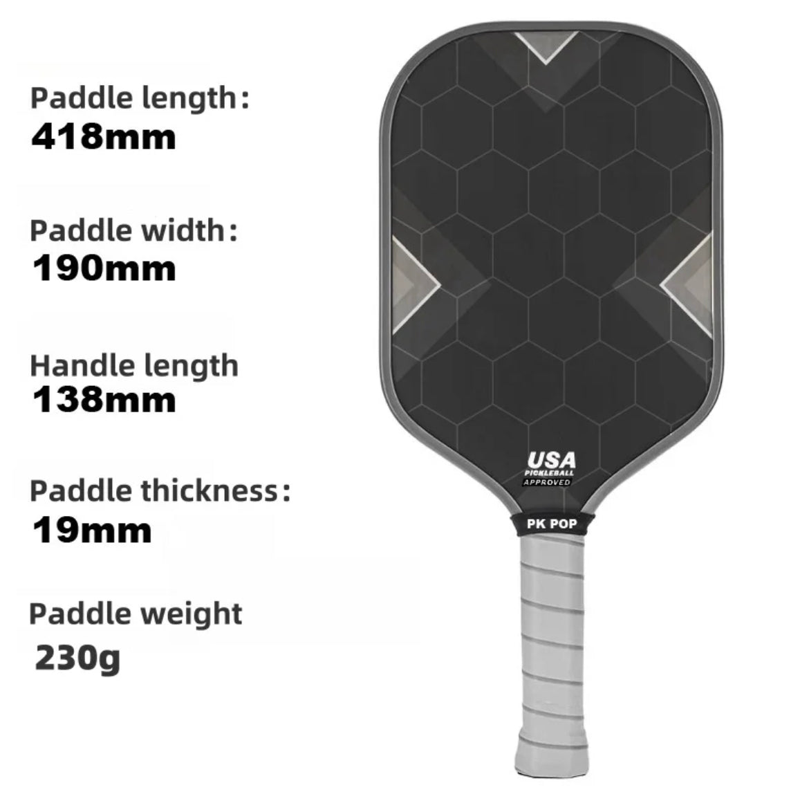 3k carbon pickleball paddle for advanced players. Paddle length is 418mm, Paddle width is 190mm, Handle length is 138mm, Paddle thickness is 19mm and paddle weight is around 220 to 230 grams.