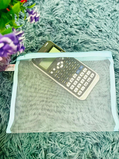 Light green large mesh pencil case for exam that's big enough to put a calculator in.