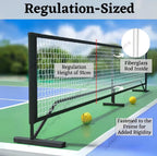 Tennis net with fiberglass rod inside on a court, labeled as regulation-sized. Regulation height of 91cm with fiberglass rod inside. 