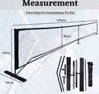 Measurement chart of a pickleball net with components on a white background. Length is 670cm, Height is 91cm. Nets height : 86cm. 