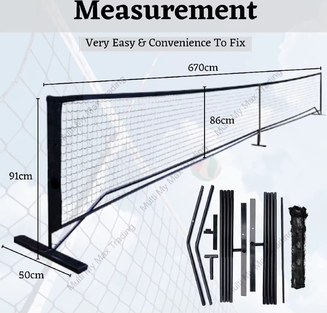 Measurement chart of a pickleball net with components on a white background. Length is 670cm, Height is 91cm. Nets height : 86cm. 