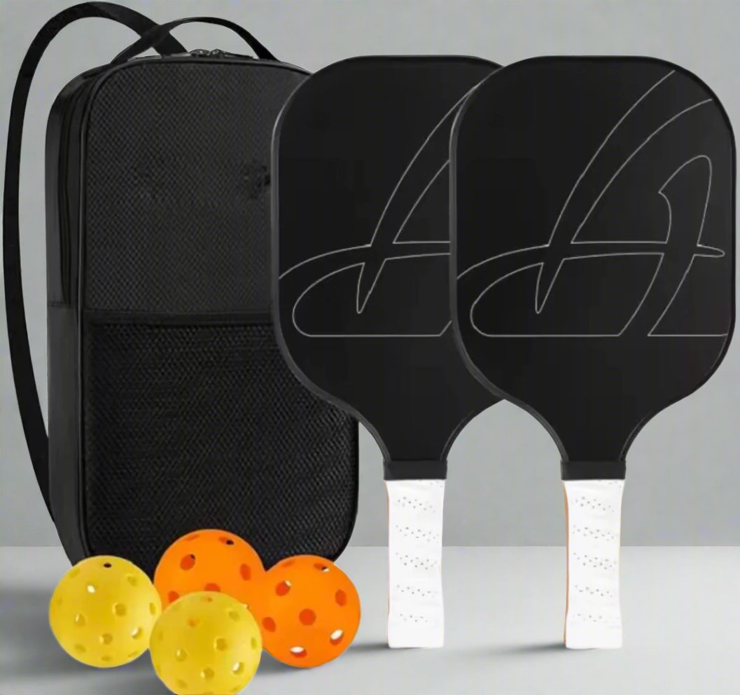 Pickleball Paddle Set of 2 with 2 black paddles with white handles, 4 balls (2 for indoor and for outdoor) and a carrier bag to store alll.