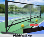 Pickleball net with balls and carrying bag on a court