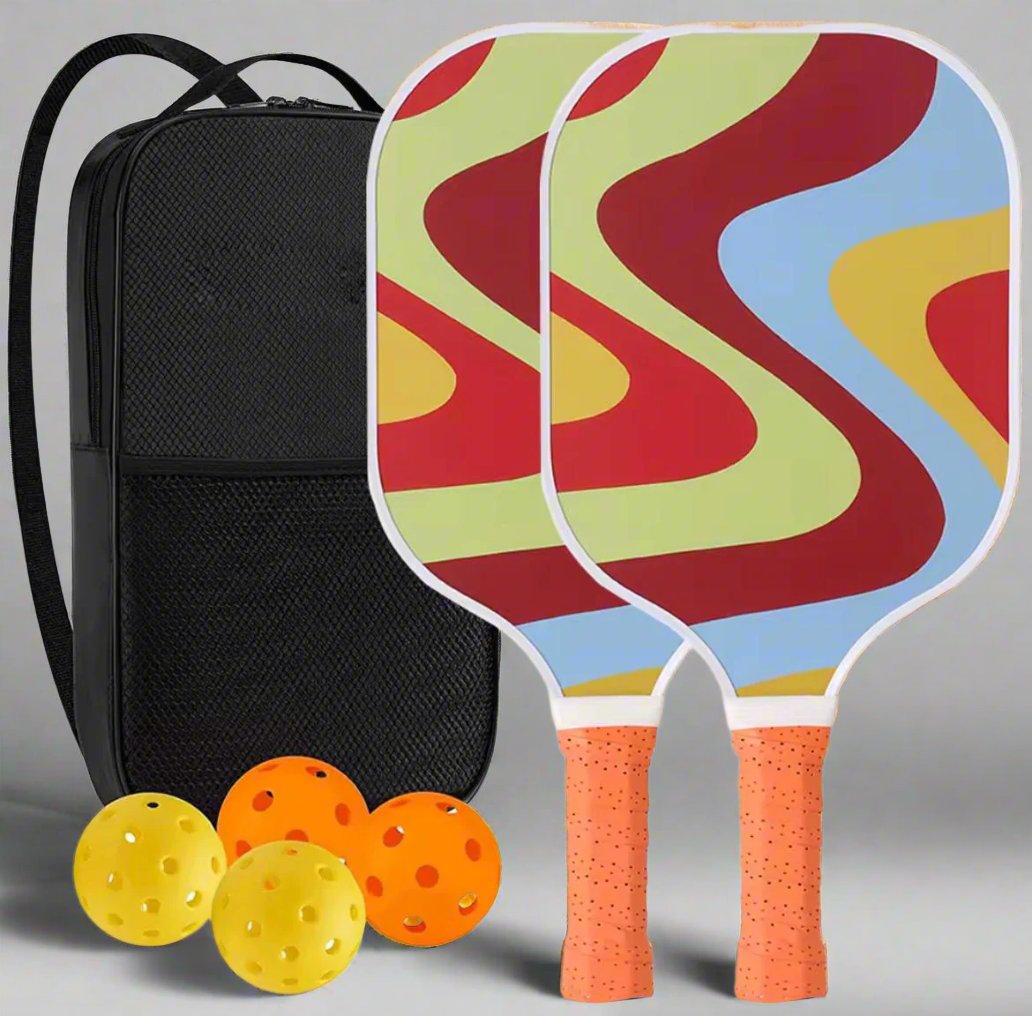 Orange handle Pickleball set of 2 with wavy lines design, includes a bag and 4 pickleballs (2 indoor, 2 outdoor)