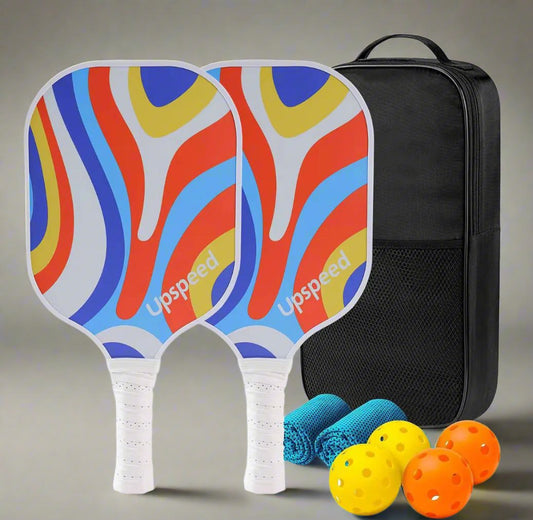 Pickleball Paddle Set of 2 with 2 colorful artistic swirl  design pickleball paddles, 4 balls (2 for indoor, 2 for outdoor), 2 towels and a carrier bag to store all.